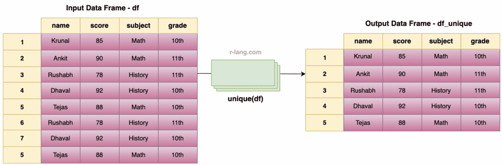 Figure of using a unique() method to extract unique rows from data frame in R