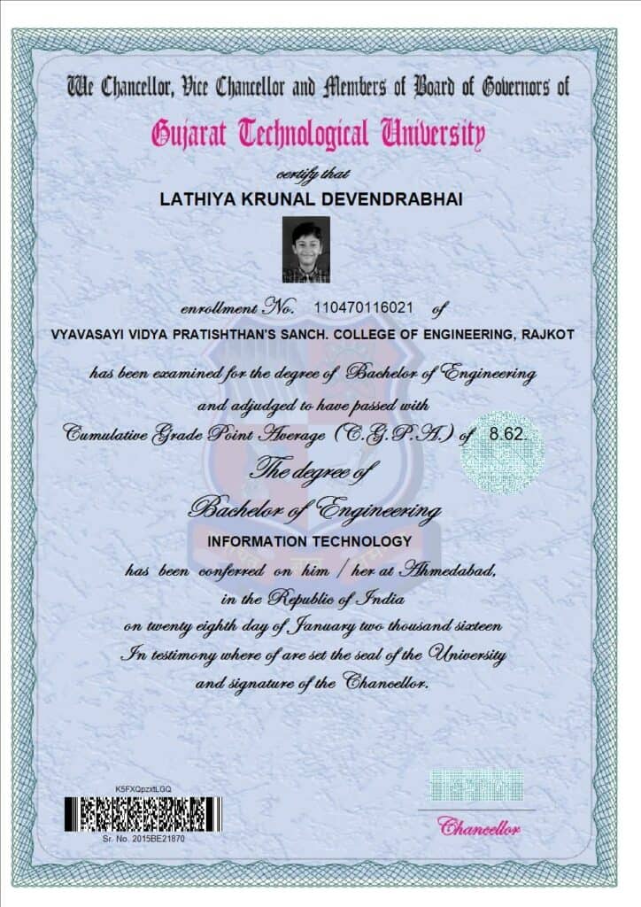 Krunal Lathiya's Bachelor of Engineering in Information Technology Certificate