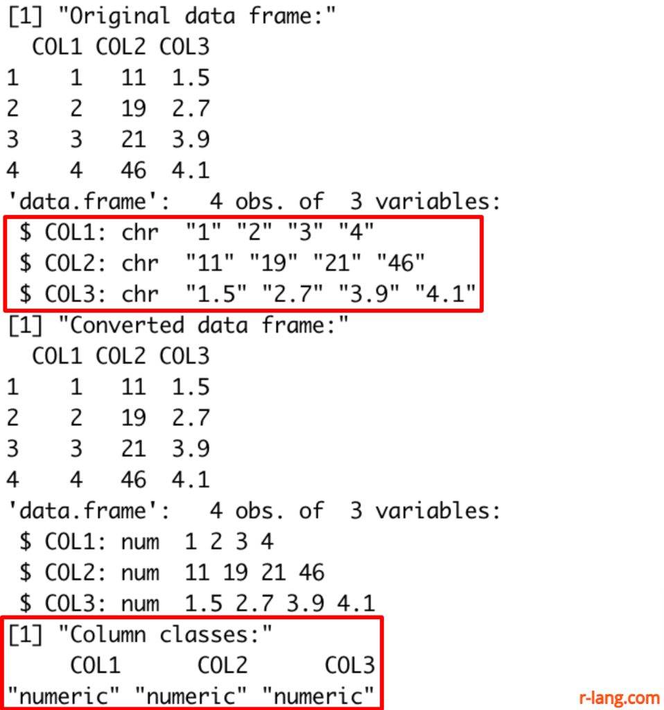 Output of converting multiple columns from character to numeric