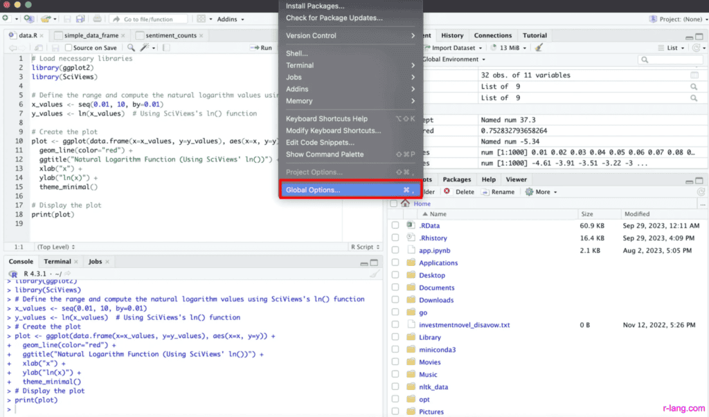 Screenshot of navigating to the tools and select the Global options